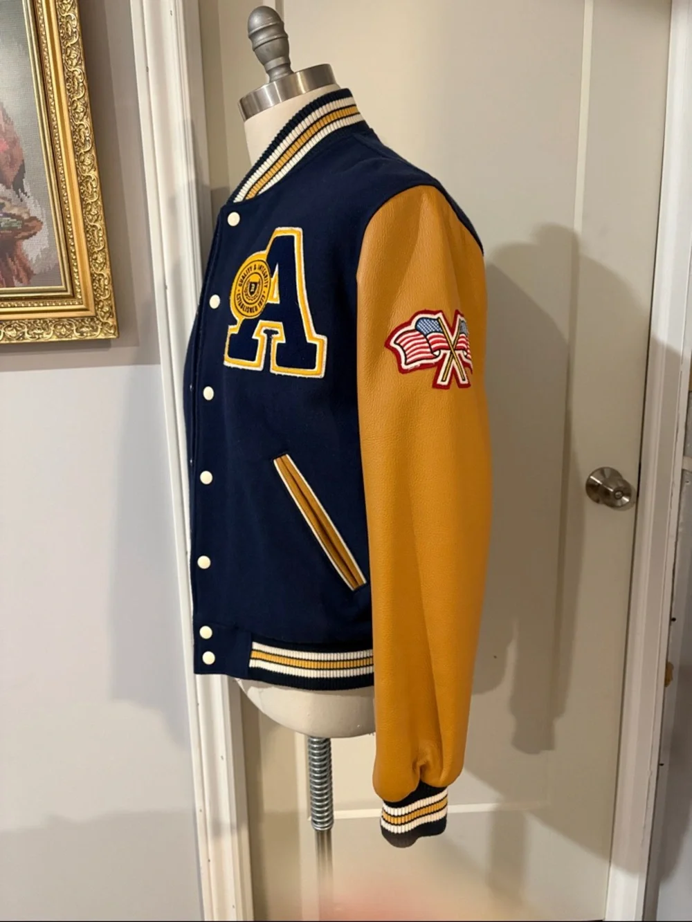 Roots Navy and Mustard Letterman Jacket  leather sleeves. - Picture 8 of 11